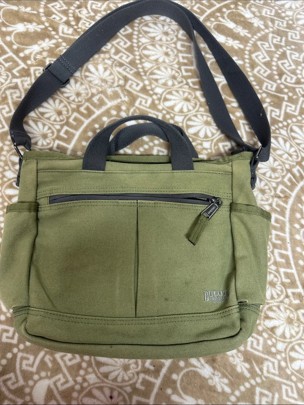 Duluth Trading Co Olive Green Canvas Messenger Bag with Black Strap